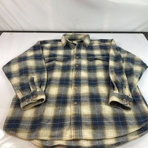 Field & Stream Mens Flannel Button Front Shirt Blue Beige Plaid Pockets Cotton L